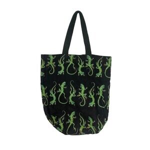 Vintage Iguana Colorful Print Tote Bag Black Faded 16"x15"